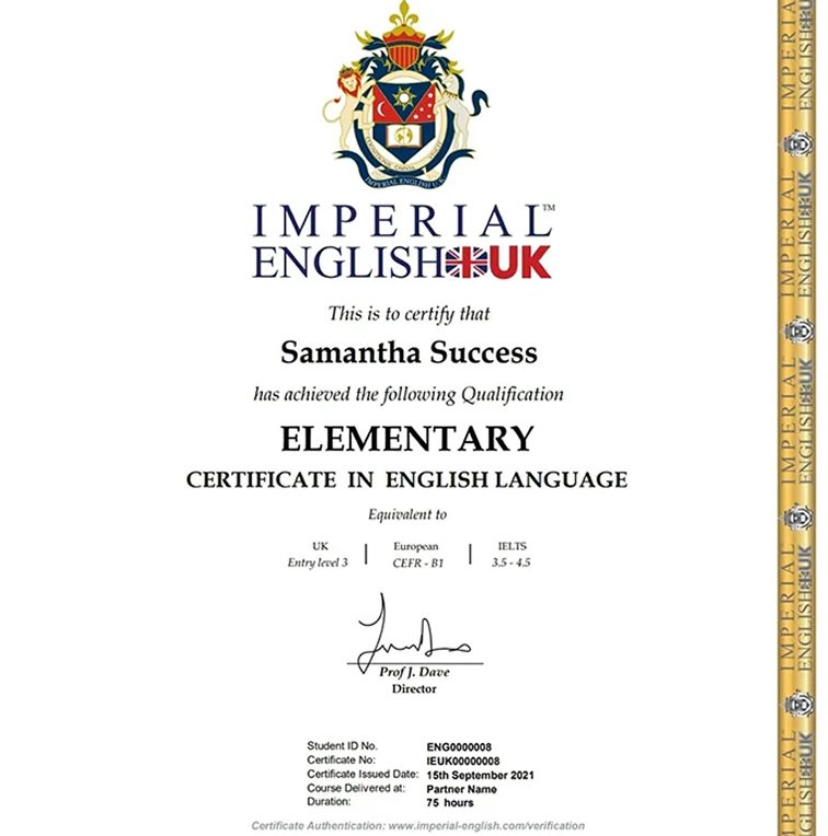 Sample Imperial English UK certificate in English Language, Elementary level, equivalent to UK Entry level 3, CEFR B1 and IELTS 3.5 to 4.5