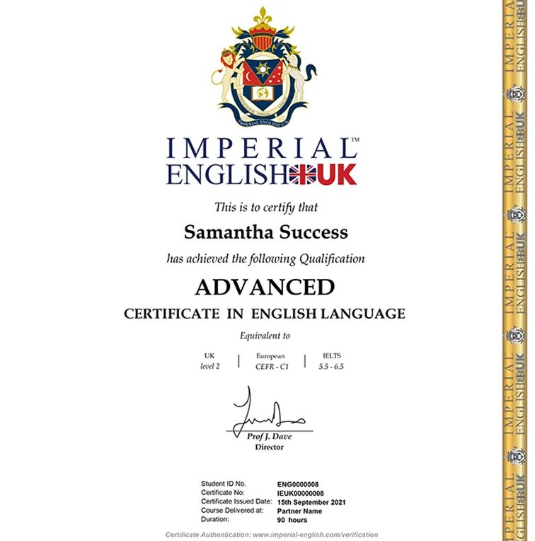 Sample Imperial English UK certificate in English Language, Advanced level, equivalent to UK level 2, CEFR C1 and IELTS 5.5 to 6.5