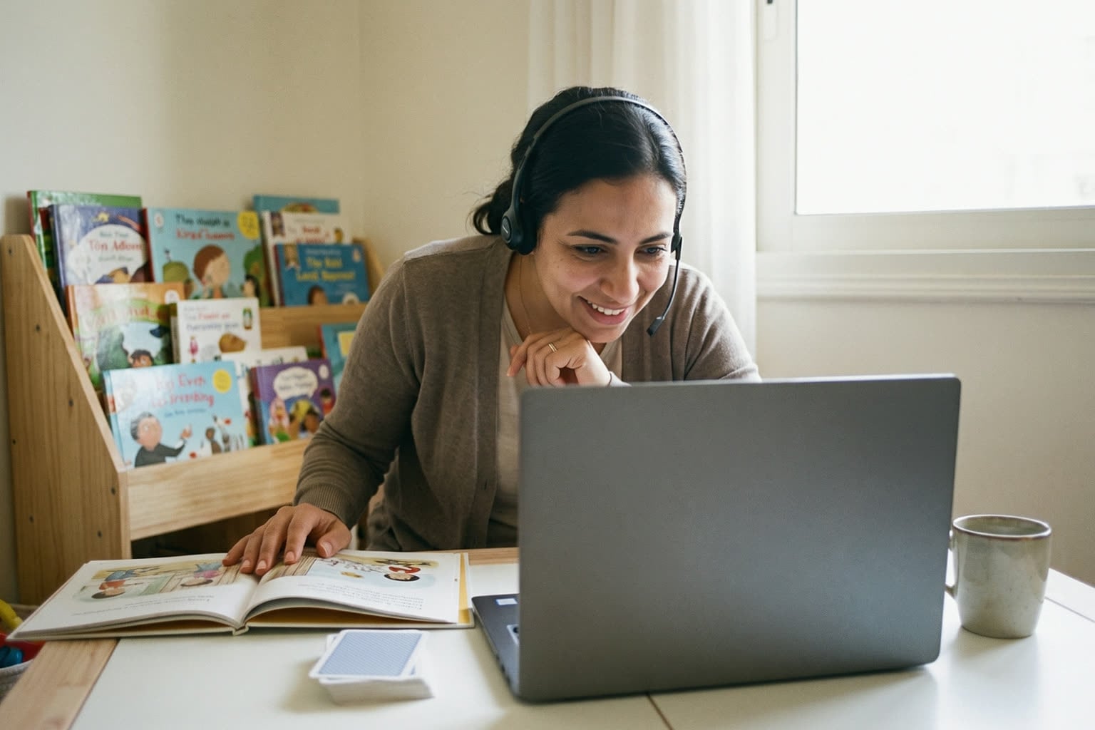 An English teacher in a headset smiling as a child answers during a live online class, her hand on an open picture book