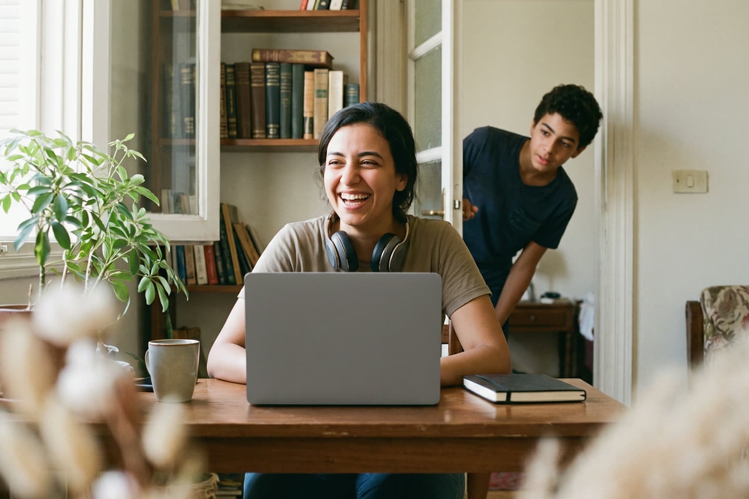 A young woman laughing during her online English class as her younger brother looks in from the door
